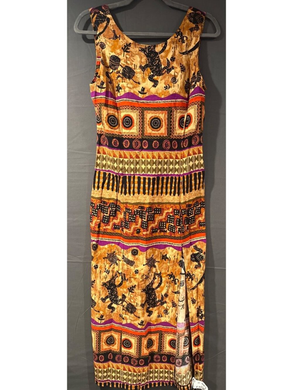 Vintage Womens 10 Western Aztec Gecko Print Maxi Dress Boho Southwestern USA